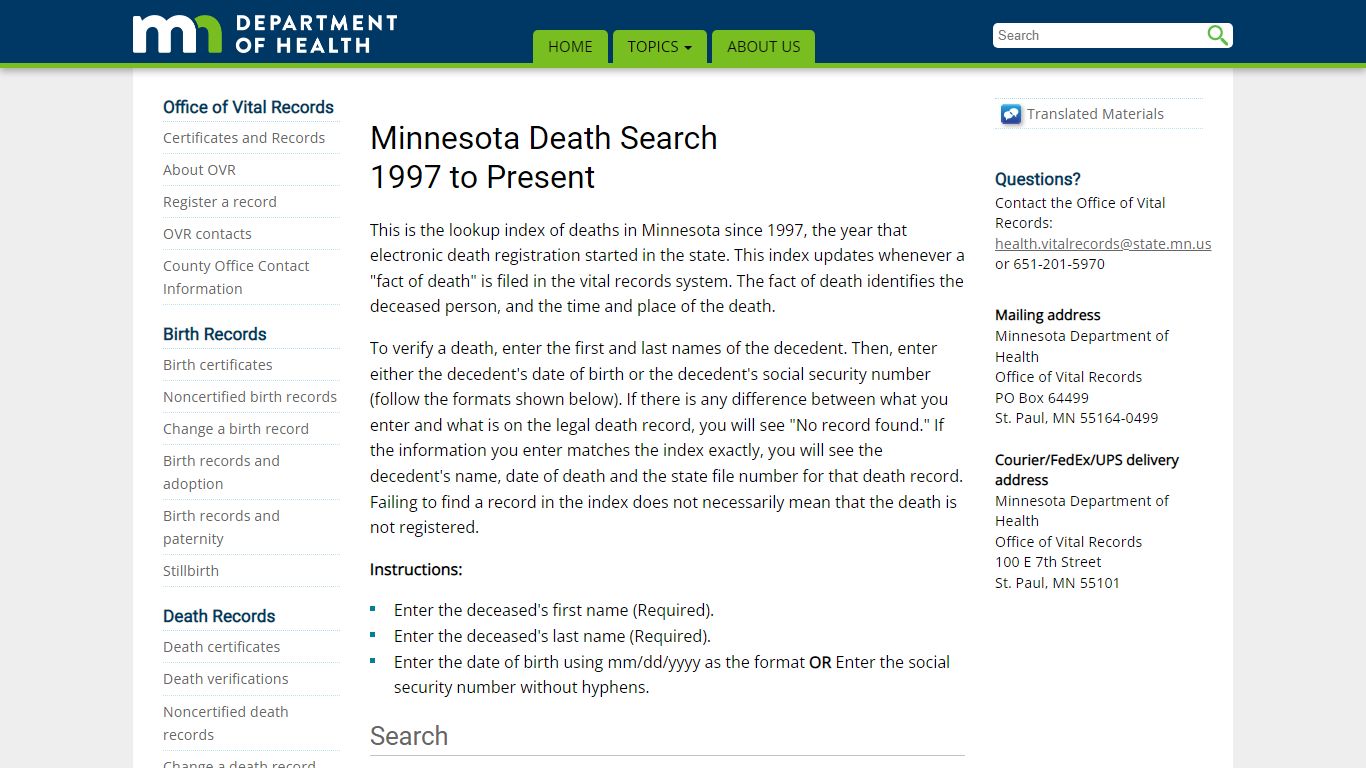 Minnesota Death Search 1997 to the Present - Minnesota Department of Health